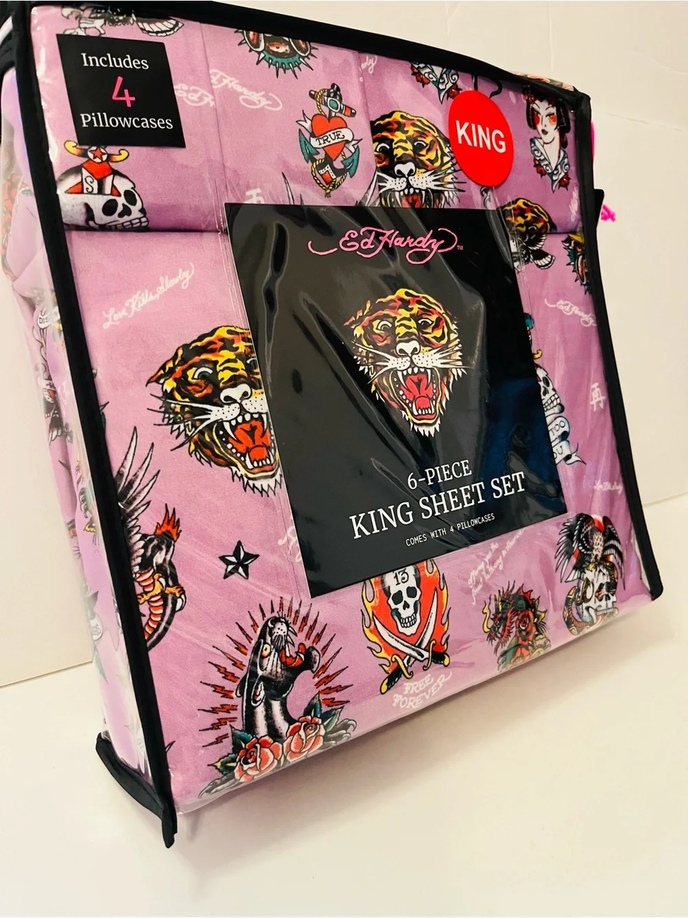 Ed Hardy King Size Sheet Set Purple Tiger Skull Geisha Panther Roses 13 Eagle